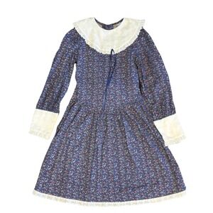 VTG 1970s Cinderella Brand Fit-n-Flare  sz 10 Girls Blue Floral‎ With White Trim